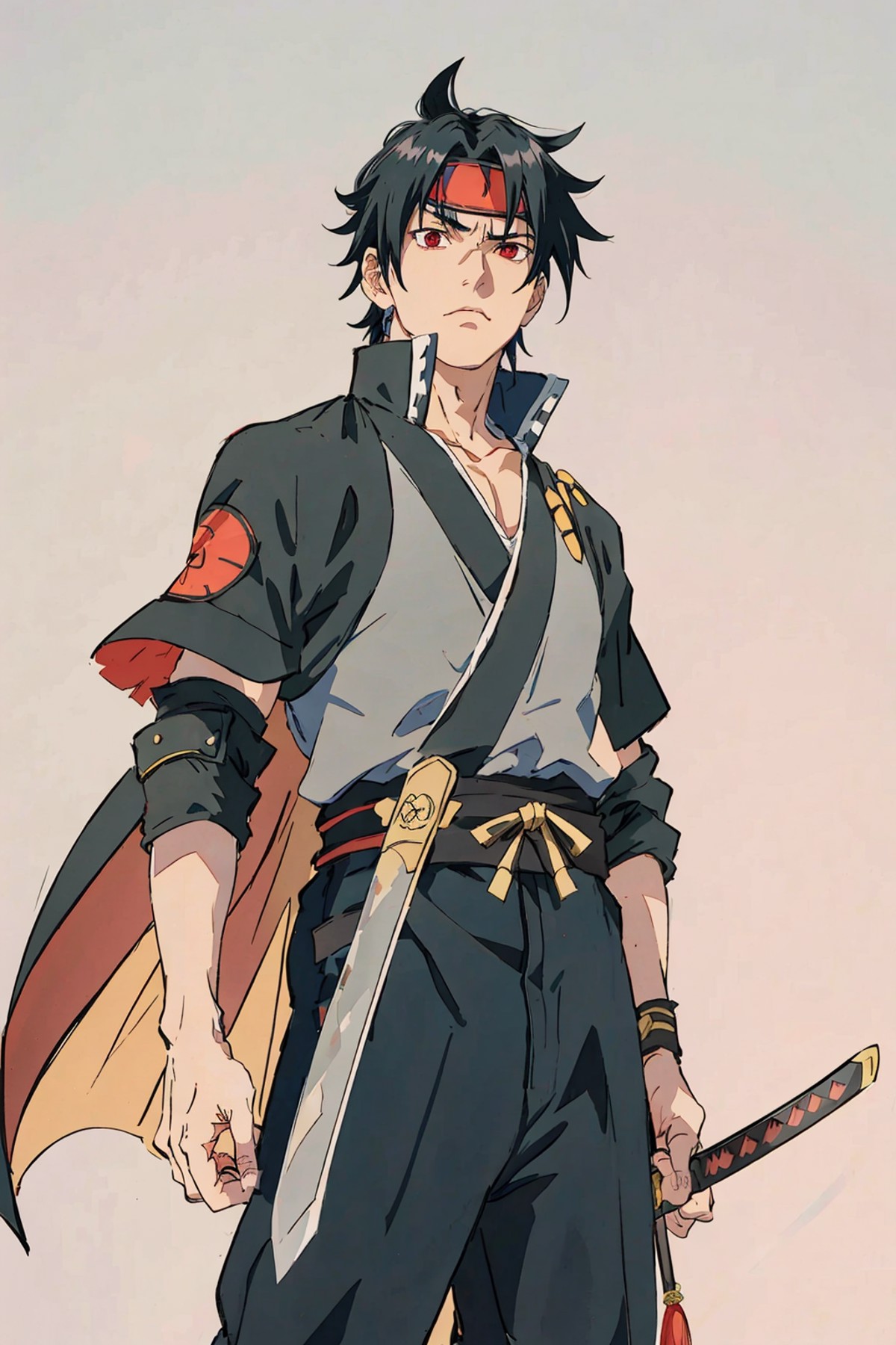 uchiha sasuke,1boy, weapon, male focus, solo, sword, black hair, holding, holding weapon, forehead protector, character na...